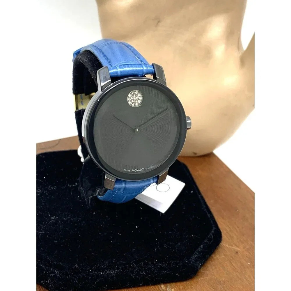 Movado Women's Watch 3601235 Bold Swiss Quartz Black Ceramic Blue Leather 34mm